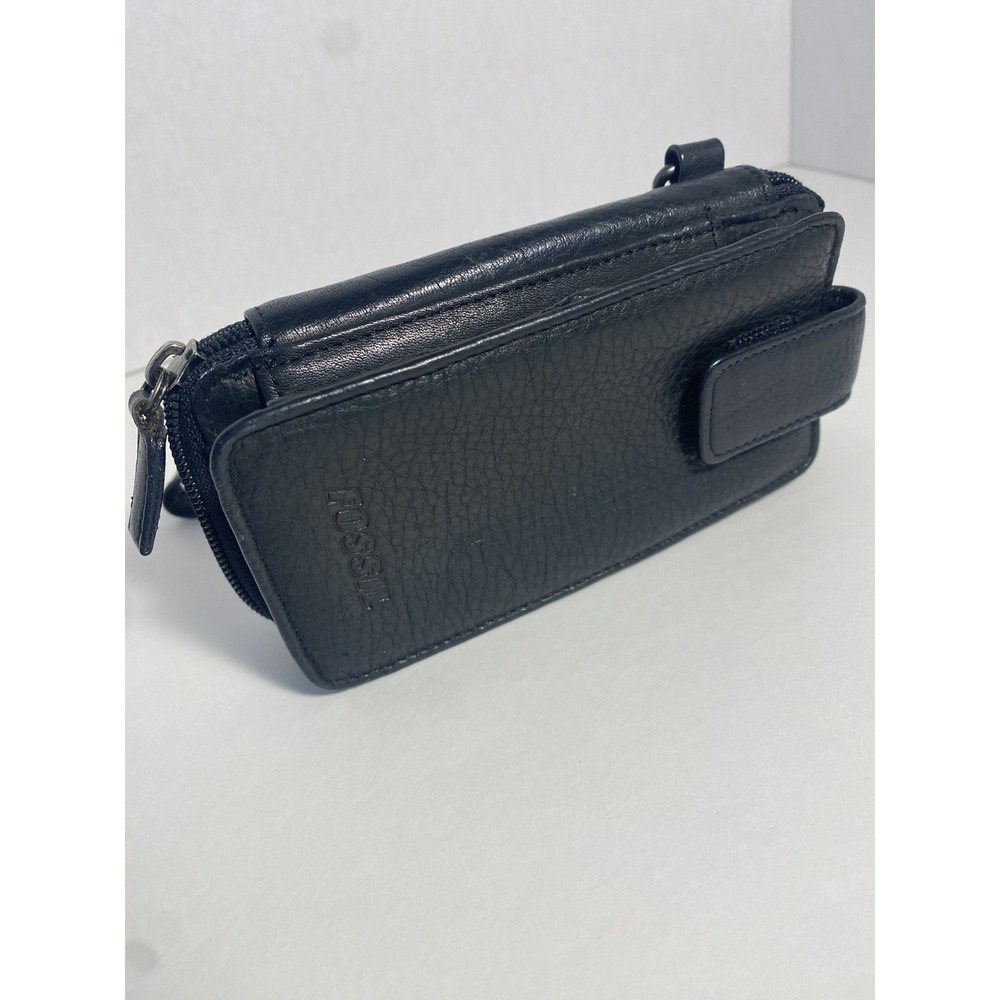 Fossil Vintage Black Leather Zip Around Wallet Flip Phone Pocket Wristlet Strap